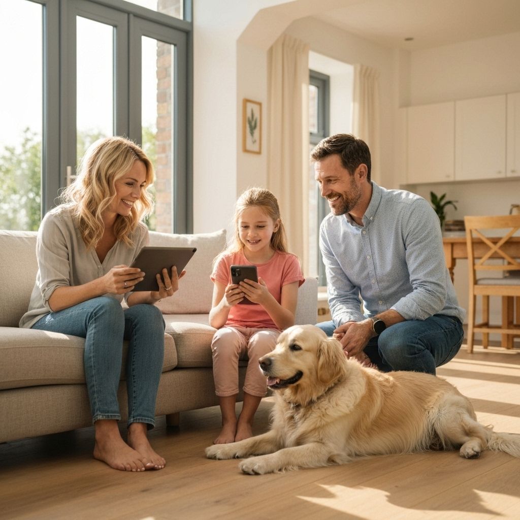British family with their dog confidently managing their health with technology